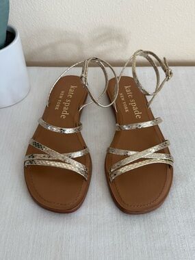 New kate spade gold-tone snake-embossed leather strappy flat sandals